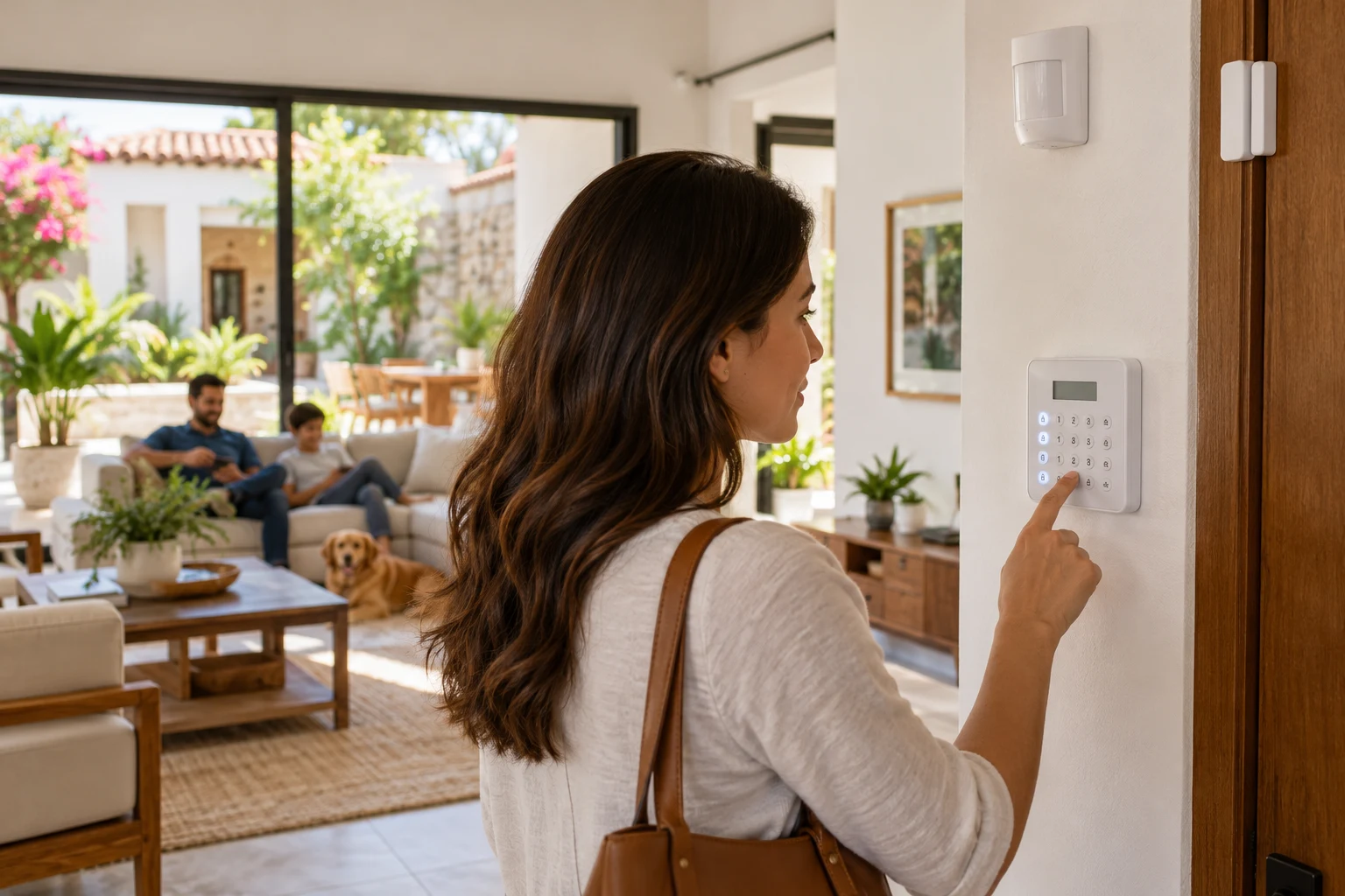 Teclado de alarma residencial, sensor de movimiento y contacto de puerta, escena ilustrativa.